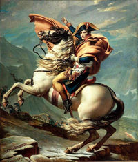 Napoléon crossing the Alps, by Jacques-Louis David. Notice the names of Hannibal, Charlemagne (Karolus Magnus), and Bonaparte in the rocks below.