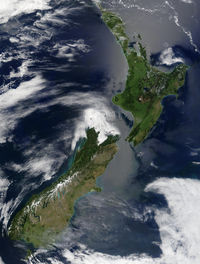 A satellite image of New Zealand. Lake Taupo and Mount Ruapehu are visible in the centre of the North Island. The Southern Alps and the rain shadow they create are clearly visible in the South Island