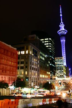 Auckland, the economic capital of the country, with the Sky Tower in the background.