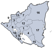 Departaments (capitals):   1 Boaco (Boaco)  2 Carazo (Jinotepe)  3 Chinandega (Chinandega)  4 Chontales (Juigalpa, Chontales)  5 Estelí (Estelí)  6 Granada (Granada)  7 Jinotega (Jinotega)  8 León (León)  9 Madriz (Somoto)  10 Managua (Managua)  11 Masaya (Masaya)  12 Matagalpa (Matagalpa)  13 Nueva Segovia (Ocotal)  14 Rivas (Rivas)  15 Río San Juan (San Carlos)  Autonomous Regions   16 RAAN (Bilwi)  17 RAAS (Bluefields)