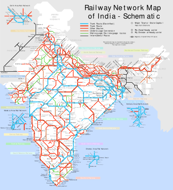 Map showing the Indian rail network and travelling times between major stations